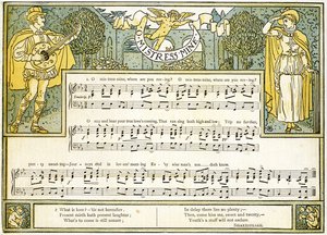 &39;O Mistress Mine, Where Are You Roving&39;, música de &39;Twelfth Night&39;, Ato II, Cena III, ilustração de &39;Pan-Pipes&39;, Um Livro de Canções Antigas, Recém Arranjado e com Acompanhamentos de Theo. Marzials, pu de Walter Crane